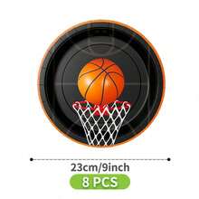 橙黑篮球图案一次性餐盘、餐巾纸和杯子套装，可供8位客人使用。这款一次性派对用品套装（包括餐盘、餐巾纸和杯子）非常适合生日派对、婚礼和家庭野餐。 - 查看 7
