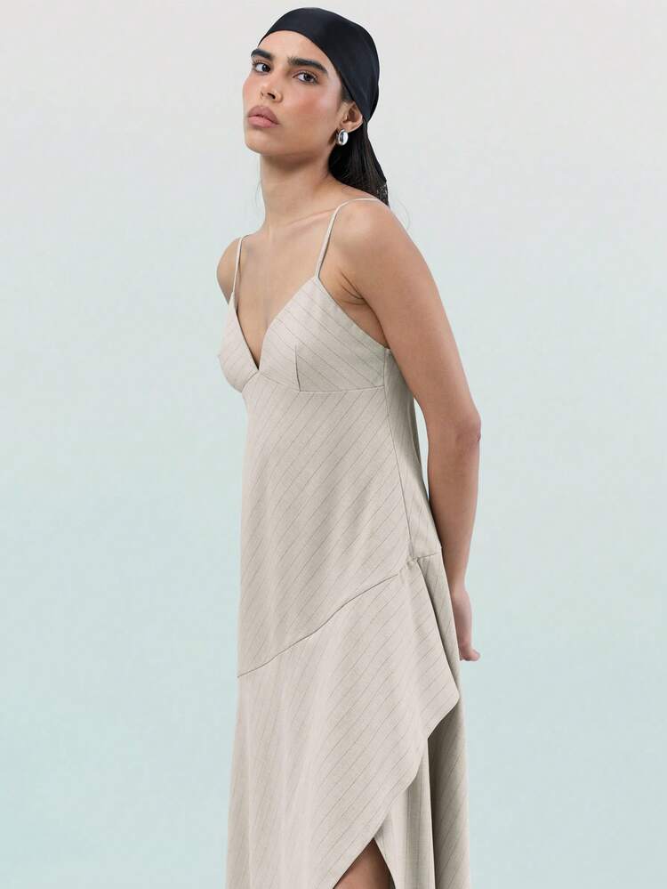 KSTM Women's Light Grey Pinstripe Asymmetric Slip Midi Dress With Spaghetti Straps Deep V Neckline Wrap Style Summer Evening Party