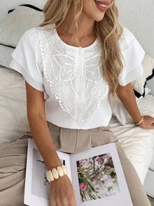 Louniche Women's Solid Color Round Neck Short Sleeve Minimalist Blouse White Elegant Top Lace White Top Tops For Women Elegant White Boho Top Blouse Summer Lace Blouses For Women White Lace Top White Tops For Women Elegant White Blouse Women's White Top Working Blouse Women's Blouse Women's Tops And Blouses - White - View 8
