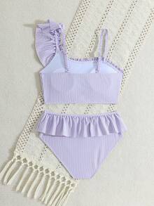 SHEIN 少女比基尼套装，蓝白条纹可爱荷叶边不对称肩带可调节荷叶边下摆三角泳衣两件套 - 紫色 - 查看 2