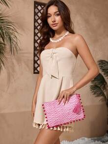 SHECARRY Women's Versatile Bohemian Casual Vacation Beach Diamond Pattern Fuchsia Tassel Pompom Clutch Bag, Prom Bag For Party - Burgundy - View 6