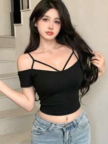 DAZY Women's Solid Color Off-Shoulder Fitted Casual Top - Black - View 2