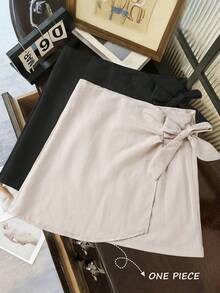 Franclia 女士常规梭织纹理面料半身裙，前中褶皱拼接，系带腰身 - 杏色 - 查看 1