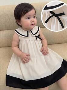 女婴可爱拼接彼得潘领蝴蝶结连衣裙 - 黑與白 - 查看 2