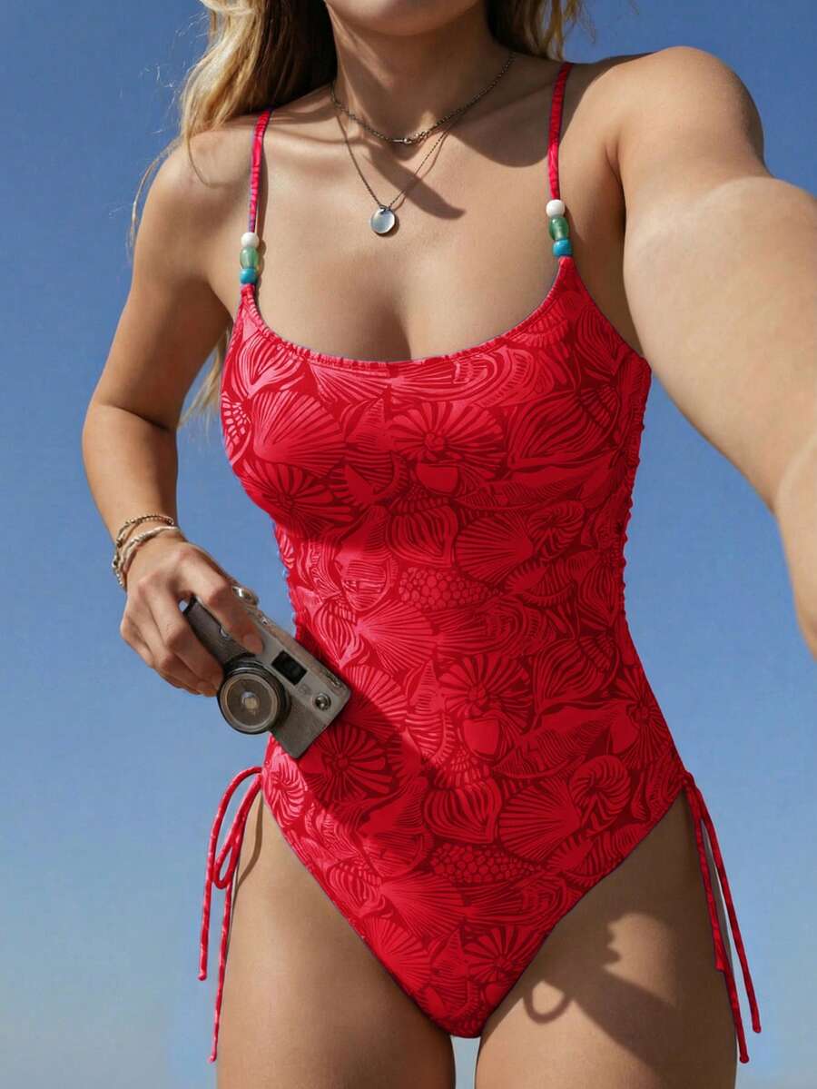 SHEIN Swim Áo tắm liền thân nữ đi biển, in họa tiết toàn thân, có dây rút bên hông. - Đỏ - Xem 1