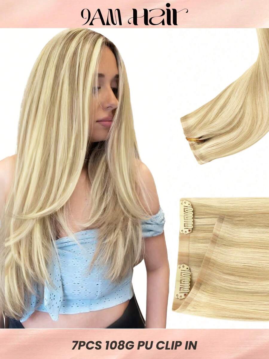 Seamless Clip Ins 100% Rambut Manusia Asli 7PCS Ekstensi Rambut Manusia Tanpa Sambungan PU dengan Klip Lurus 14-22 Inci Warna Pirang Terang dengan Sorotan Pirang Keemasan Ekstensi Rambut Remy dengan Klip - Nomor 16/613 - View 1