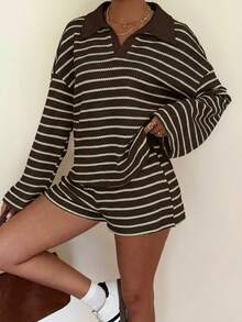 Siren Gaze 女士条纹长袖上衣和短裤两件套休闲装 - 棕色 - 查看 4