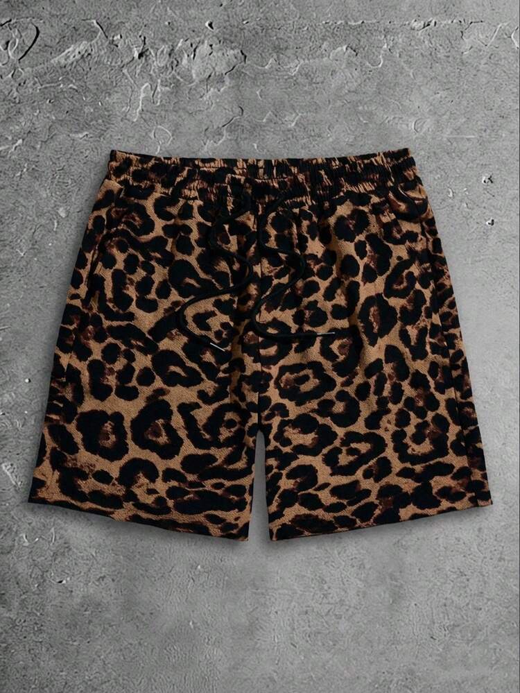 Men Leopard Print Drawstring Waist Shorts Graphic Vacation Shorts, For Husband, Boyfriend Gifts