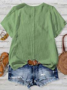 Linhara Plus Size Women Contrast Lace Button Design Short Sleeve Casual Shirt - Green - View 2