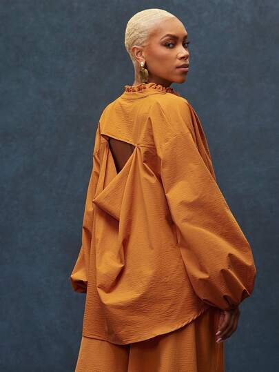 Solid Woven Lantern Balloon Sleeve Draped Cut Out Back Button Up Boho Shirt