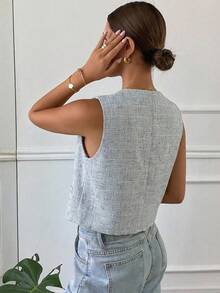 DAZY Chaqueta ajustada sin mangas de cuello redondo de unicolor para mujer, primavera y verano - Azul - Ver 2