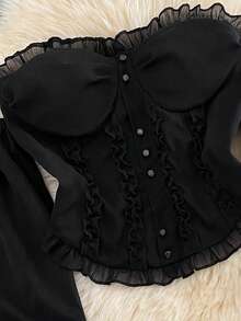 Franclia French Retro Pink Ruffle Off-Shoulder Pearl Button Flare Sleeve Cropped Top - Black - View 3