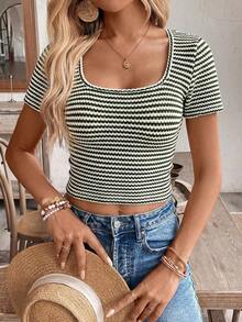 SHEIN Frenchy Áo thun nữ cơ bản tối giản, phối sọc và khối màu, xếp ly. - màu xanh lá - Xem 5