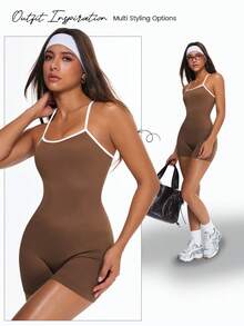 Eassivo Women's Seamless High Elasticity Aerobic Yoga Fitness Criss-Cross U-Back Jumpsuit - Coffee Brown - View 4