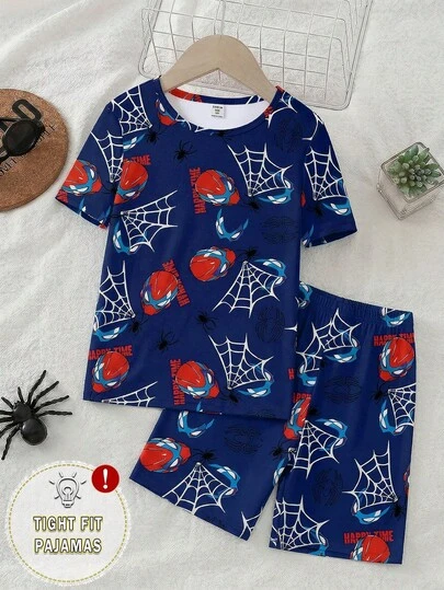 Young BoySuperhero & Spider Graphic Print Round Neck Short Sleeve Shorts 2 Pieces Pajama Set, Stretchy Knit Fabric, Comfortable & Soft, Navy Blue