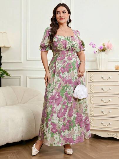 Reflora Vestido elegante de manga abullonada con cuello cuadrado y pliegues con estampado floral para mujer de talla grande