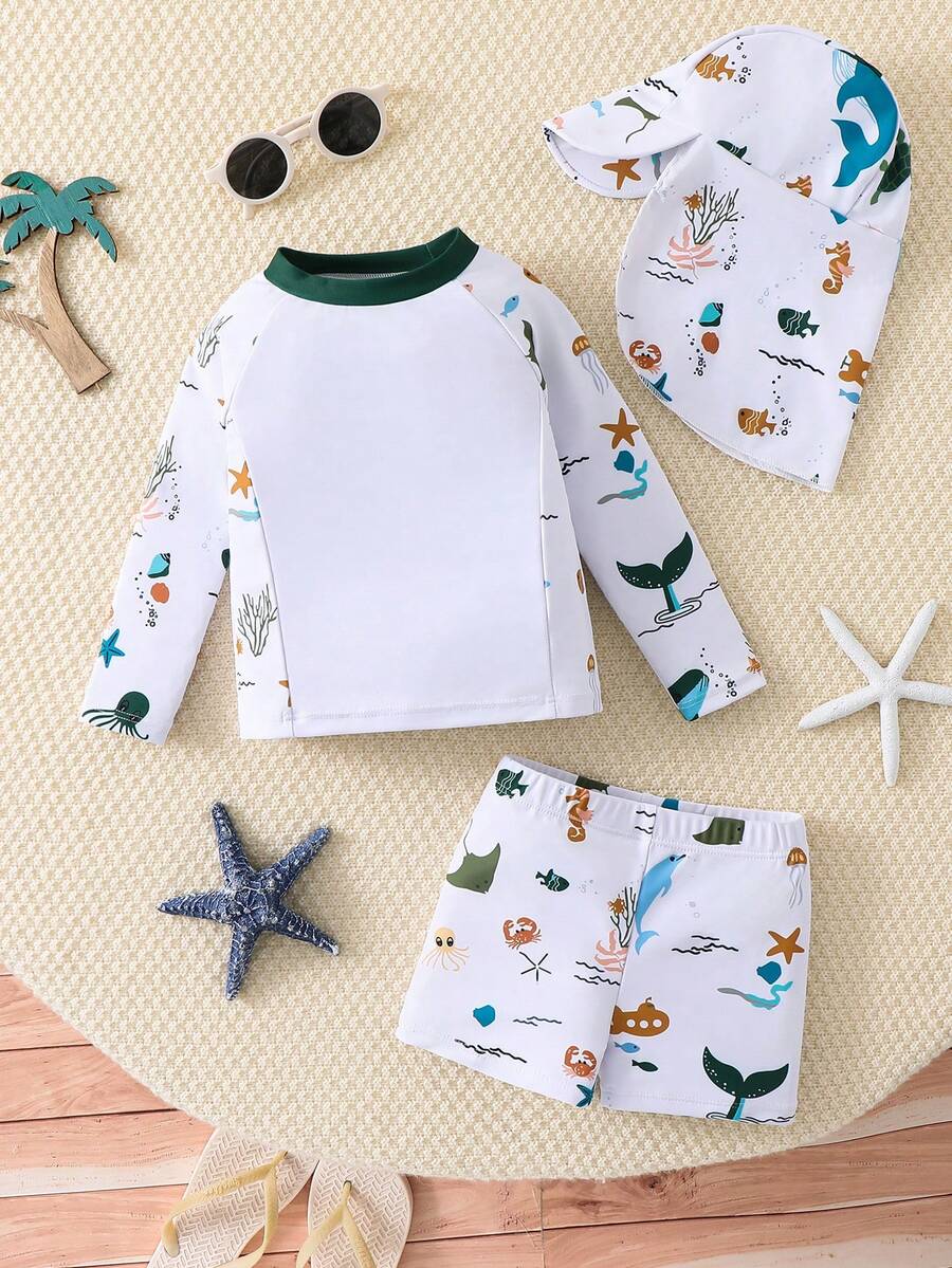 SHEIN 3件套男女宝宝休闲夏季度假椰树印花长袖短裤套装，含配套遮阳帽，适合春夏季穿着，居家、外出、旅行、海滩、泳池、派对等场合。 - 彩色 - 查看 1