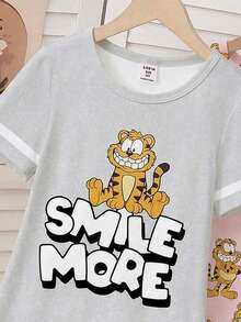 2pcs/Set Girls' Cute Tiger Cartoon Print Soft Knit Loose Sleepwear Dress & Shorts Set, Light Gray & Pink - Multicolor - View 3