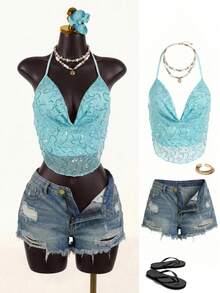 SaltGleam SaltGleam 女士时尚优雅休闲度假性感露背吊带背心，网纱亮片刺绣深V领性感夏季上衣吊带两件套性感夏季服装女士夏季套装伊比沙岛派对装夏季夜店装 - 藍色 - 查看 1