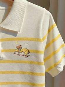 CovetEZ 女士针织珠地小众学院风品牌小熊刺绣图案T恤，潮流小熊品牌系列，超可爱Polo领短袖，适合春夏穿着 - 彩色 - 查看 3