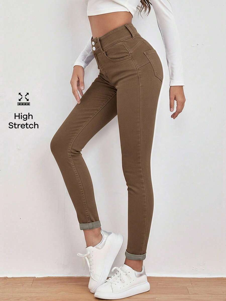 SHEIN Frenchy 高腰斜插口袋修身黑色牛仔裤 - 棕色 - 查看 1