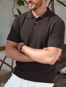Manfinity Homme 男士纯色 Polo 领休闲短袖针织上衣 - 咖啡棕 - 查看 4