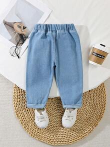 Baby Boy's Jeans,Aqua Blue,Summer,Casual,Stylish Light Wash Blue Denim Pants,Comfortable Cotton Trousers With Rolled-Up Cuffs For Toddler Boys - Light Wash - View 2