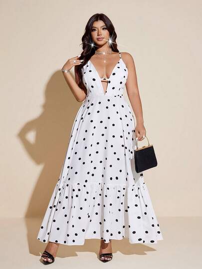 Viva Relle Plus Size Elegant Deep V Polka Dot Print Slip Dress