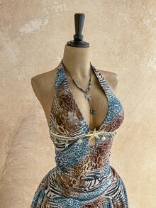 Soleia 白色露背扭结修身迷你连衣裙，金属配饰，贝壳装饰，适合秋冬季海滩度假穿着。 - 彩色 - 查看 4