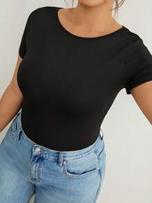 Lounesse 大码女式镂空露背圆领蕾丝拼接设计休闲宽松短袖上衣，大码黑色T恤 - 黑色 - 查看 7