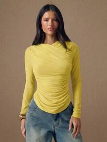 SHEIN BAE Women's Solid Color Pleated Long Sleeve Fitted Fashion T-Shirt - Yellow - View 5