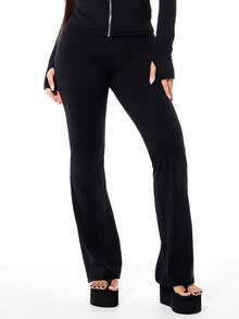 SUMWON WOMEN Black Casual Pants With Script Embroidered Text Bottoms Comfortable Everyday Wear Leisure Lounge Pants Fall Winter Jogger Style - Black - View 2