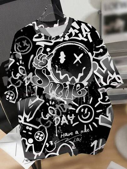 Estilo de moda clásico cómodo y holgado minimalista para adolescentes varones, camiseta de manga corta de cuello redondo con estampado de graffiti pintado a mano con vibra deportiva Y2K, adecuada para primavera/verano