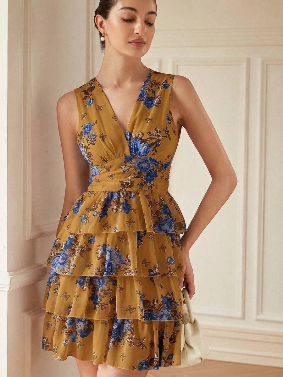 Aveloria Rosie 法式复古优雅V领无袖褶皱高腰工艺层叠荷叶边下摆撞色印花雪纺迷你连衣裙 - 黃色 - 查看 1