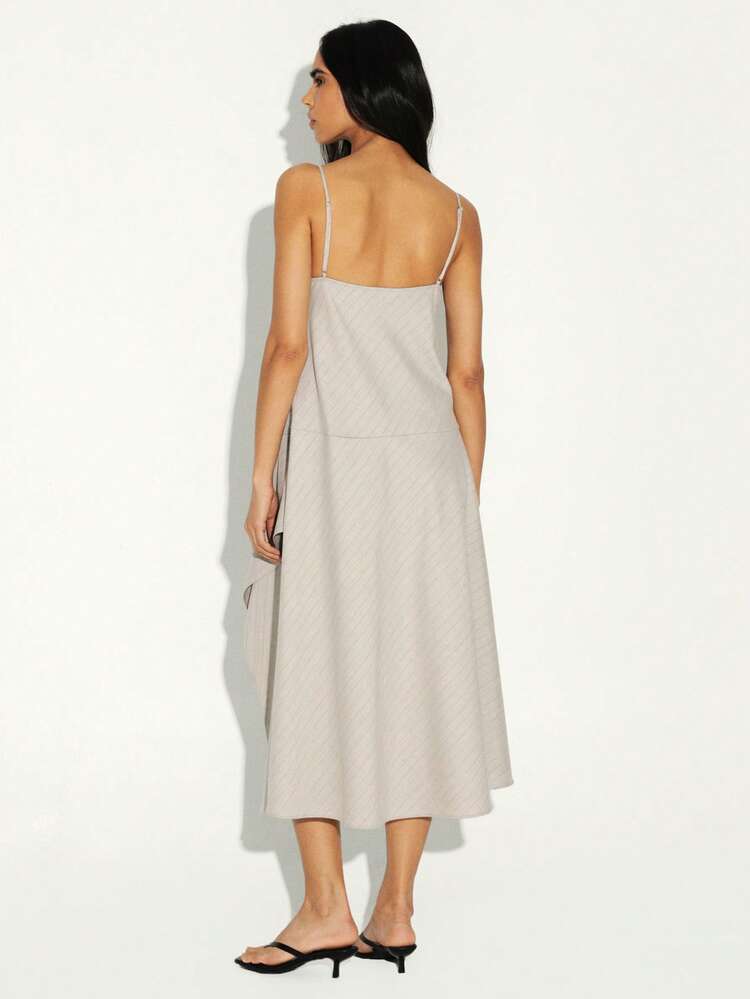 KSTM Women's Light Grey Pinstripe Asymmetric Slip Midi Dress With Spaghetti Straps Deep V Neckline Wrap Style Summer Evening Party