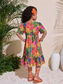 SHEIN Young Girl Casual Vacation V-Neck Tropical Print Dress - Multicolor - View 2