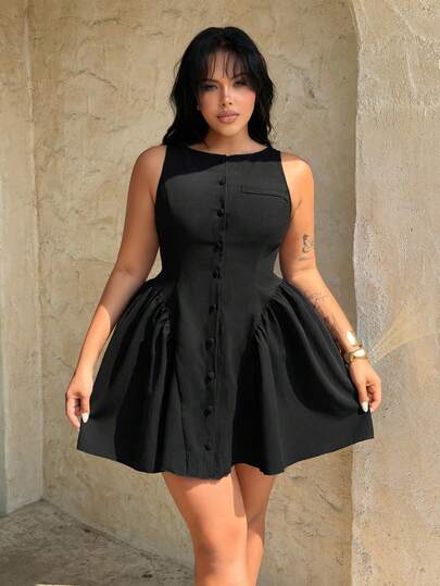 Rustia 大码女式黑色纽扣装饰荷叶边下摆无袖迷你连衣裙，适合工作、优雅性感、时尚、正式场合，春夏皆宜