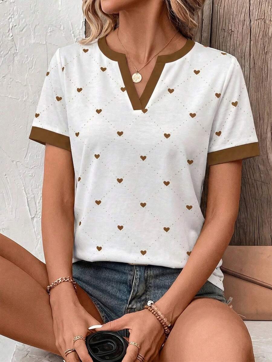 New Fashion Casual Versatile Heart & Plaid Print V-Neck Contrast Color Short Sleeve T-Shirt For Women - Multicolor - View 1