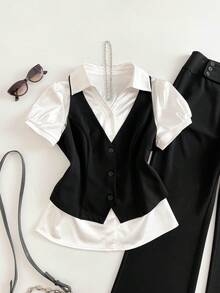 Glimmora 女士春夏新款纯色短袖打底衫、纯色背心和阔腿裤三件套休闲日常穿搭 - 黑與白 - 查看 5