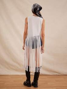 女士纯色圆领音乐节日常假日流苏下摆吊带衫 - 白色 - 查看 2