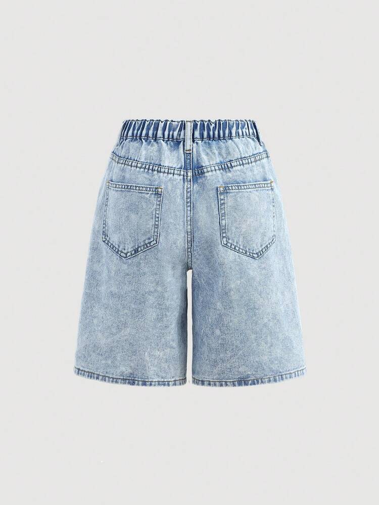 Short en jean bleu délavé ample avec perles blanches pour adolescentes - Jean clair - Voir 4