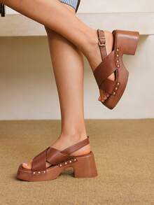 Styleloop WomenShoes Women's Wood Grain Platform Wedge Heel Sandals Spring Wear Holiday Travel Essential Boho Cowgirl Outfit - Brown - View 6