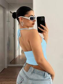 SHEIN ICON 女士纯色吊带系腰休闲上衣 - 藍色 - 查看 2