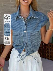 Livesso 春夏宽松商务休闲时尚办公室穿搭纹理格纹腰带无袖外套轻薄户外牛仔背心女款 - 中等水洗藍 - 查看 1