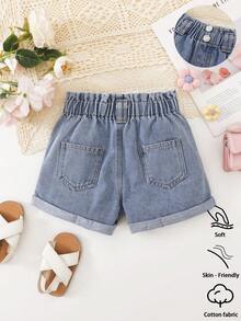 Quần short denim thường ngày cho bé gái, chất liệu nhẹ, kiểu dáng mới cho mùa hè, màu xanh nhạt, phong cách đường phố thoải mái, cạp chun co giãn, gấu quần xắn, chất vải cotton mềm mại, phù hợp cho mặc hàng ngày, dự tiệc, đi học, đi làm, bộ sưu tập mới Xuân/Hè 2026. - Rửa trung bình - Xem 2