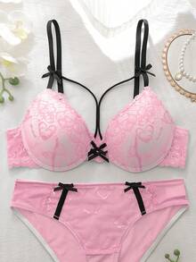DelicateAllure 2pcs Underwire Padded Bra Set, Lace Patchwork, Ruffle Trim, Heart Floral Lace, Cute & Fresh Comfy Balconette Lingerie Set For Women Push Up Bra And Panty Sets Lingerie Set Push Up Bra And Underwear Sets Bra Sets For Women Lingerie For Women Sets - Pink - View 5
