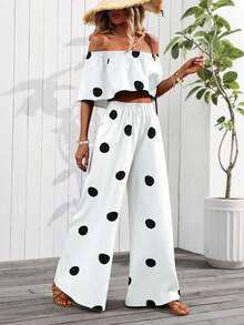 EMERY ROSE Polka Dot Print Off-Shoulder Top And Pants Two Pieces Set (Floral Pattern Asymmetrical Cut) - Black and White - View 5