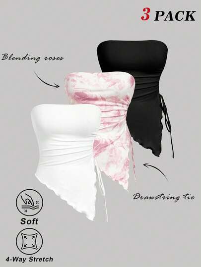 SHEIN MOD 3件套女士休闲抹胸上衣，不对称下摆设计，适合约会和外出穿着。