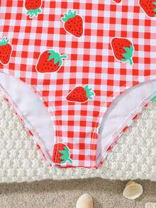 Souflis Souflis Traje de baño de una pieza con cuello redondo, estampado de fresas a cuadros, adecuado para nadar, vacaciones de verano, playa, piscina, fiesta para niñas jóvenes - Rojo - Ver 5