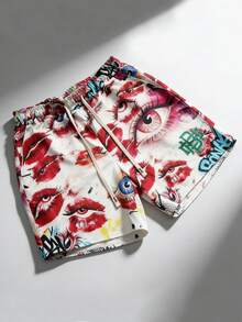ROMWE MEN Street Life Pantalones cortos casuales con estampado gráfico para hombres, adecuados para primavera/verano - Multicolor - Ver 3